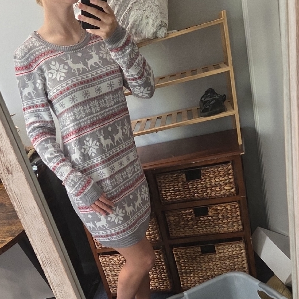 Gray and Red Reindeer Sweater Dress